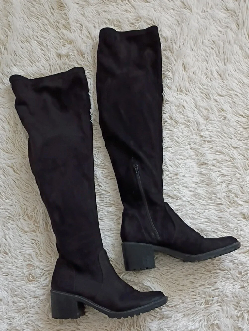 Black Thigh-High Suede Block Heel Boots!